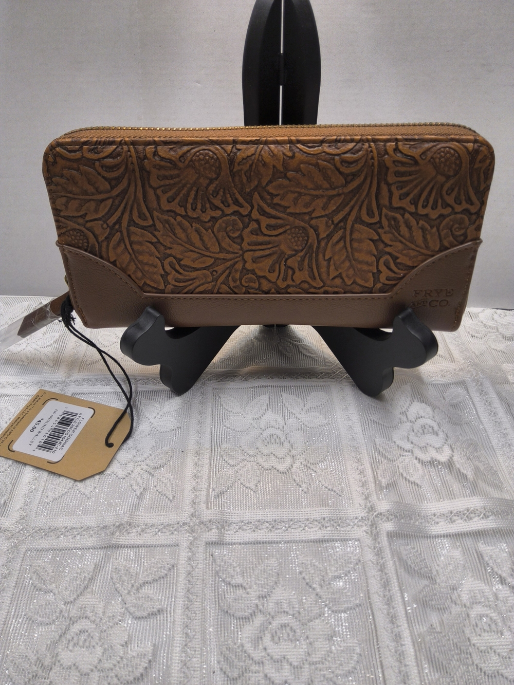 New FRYE Flower Embossed Cognac Zip Around Wallet